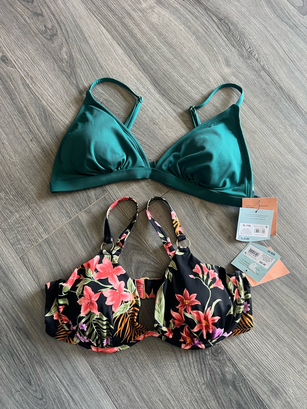 Target Teal Triangle Bikini Top & Black Floral Underwire Bikini Top